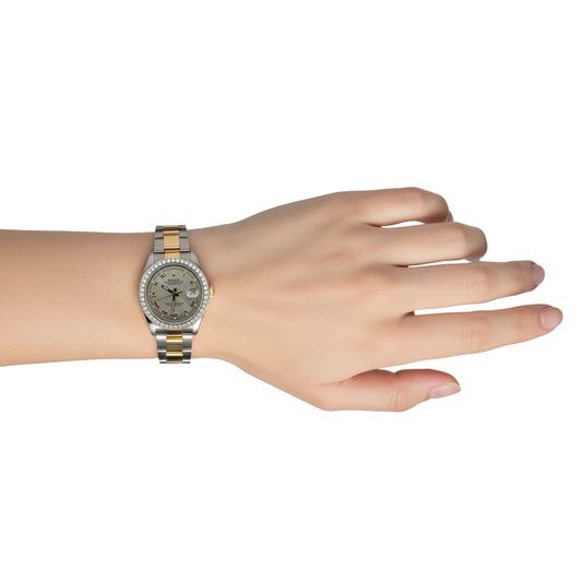 Midsize Rolex Brown Oyster Bracelet Ss & Gold Gray Roman Dial Watch P2