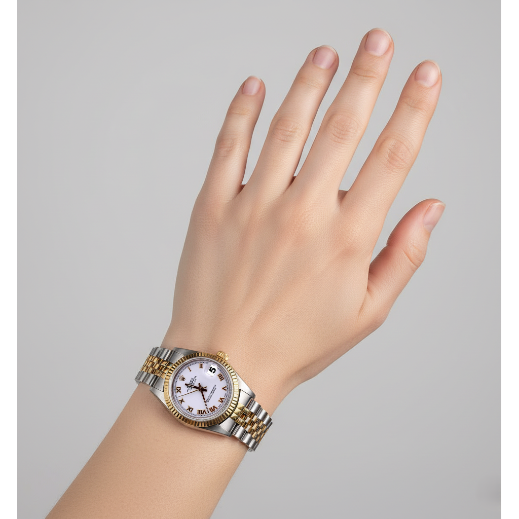 Midsize Rolex Datejust White Roman Dial Watch Two Tone Jubilee P5