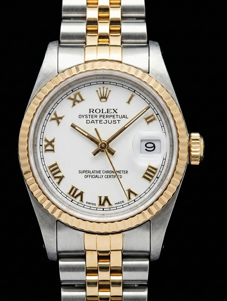 Midsize Rolex Ss 31 Mm Two Tone Bracelet Watch White Roman Dial