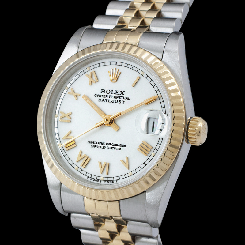 Midsize Rolex Ss 31 Mm Two Tone Bracelet Watch White Roman Dial