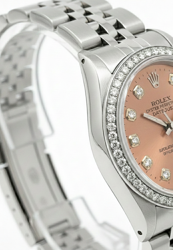 Midsize Rolex Ss Datejust Salmon Diamond Dial Bezel Watch