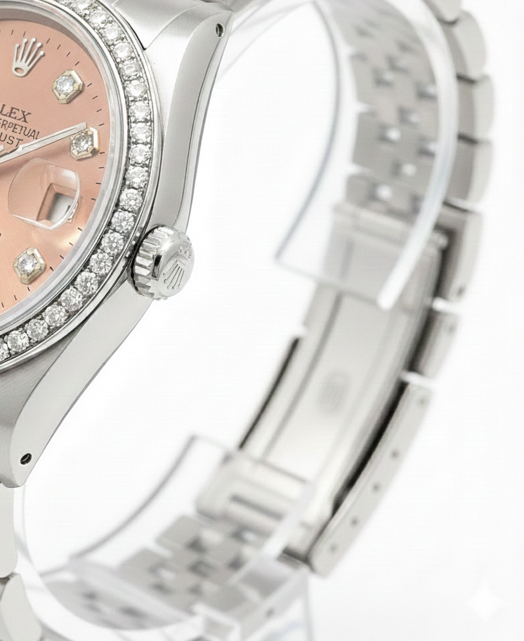 Midsize Rolex Ss Datejust Salmon Diamond Dial Bezel Watch