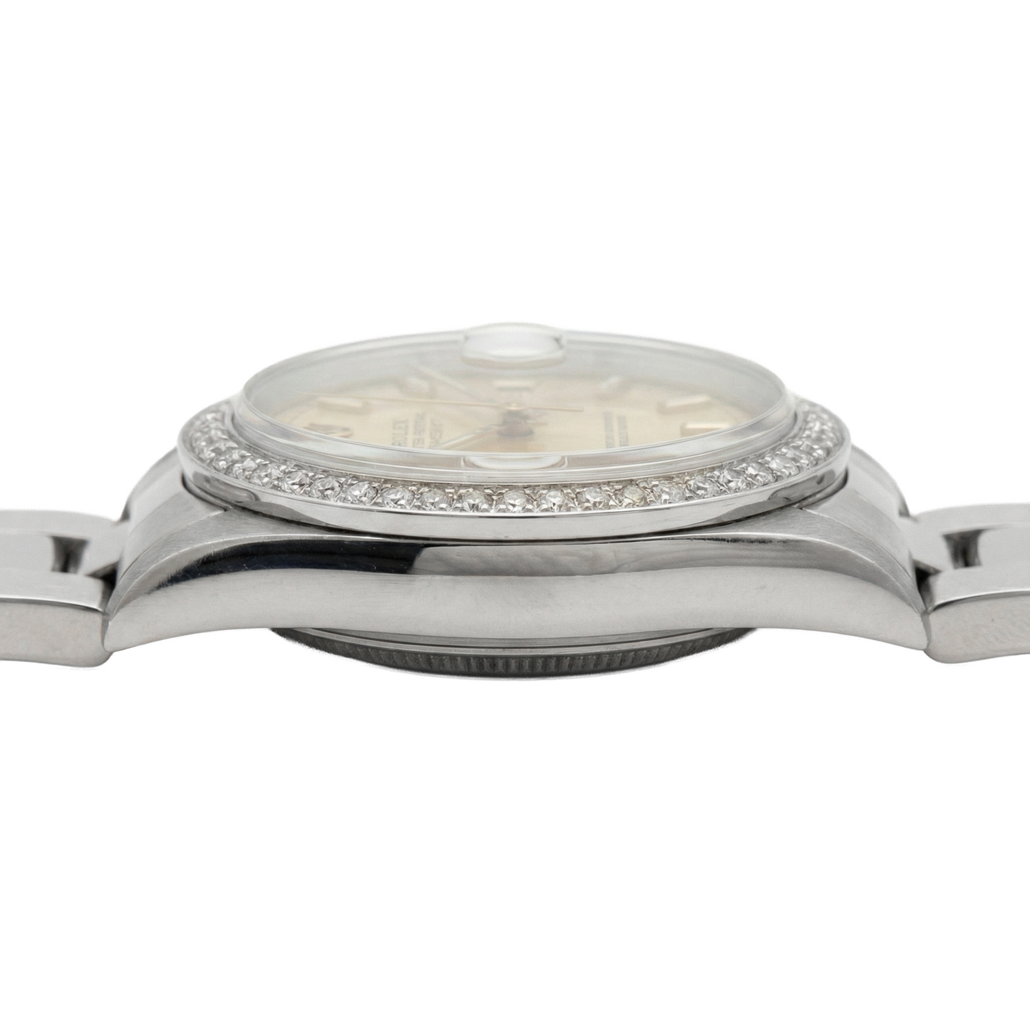 Midsize Rolex Stick Dial Ss Oyster Bracelet Natural Earth Mined Diamond Bezel Watch