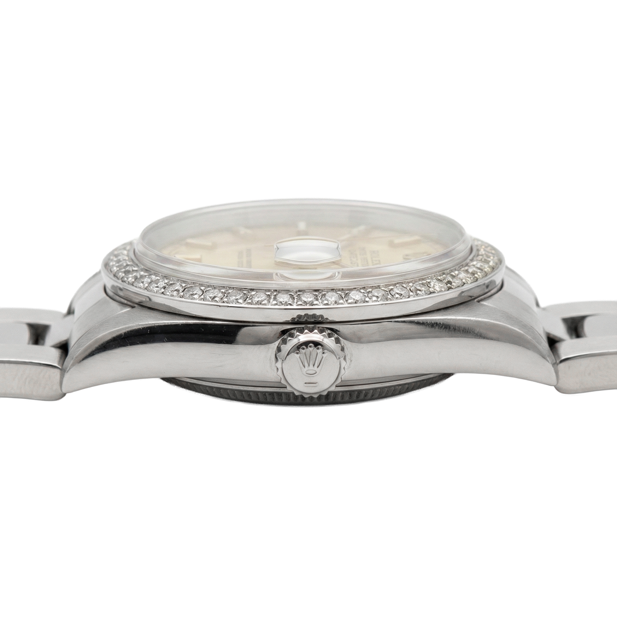 Midsize Rolex Stick Dial Ss Oyster Bracelet Natural Earth Mined Diamond Bezel Watch