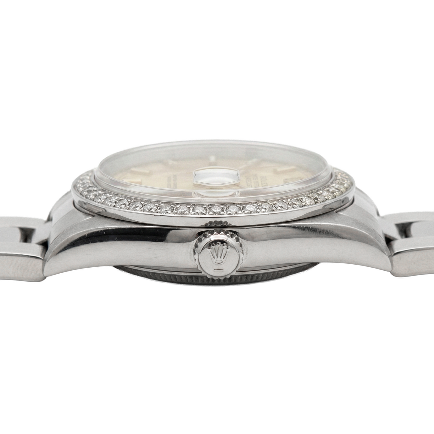 Midsize Rolex Stick Dial Ss Oyster Bracelet Natural Earth Mined Diamond Bezel Watch