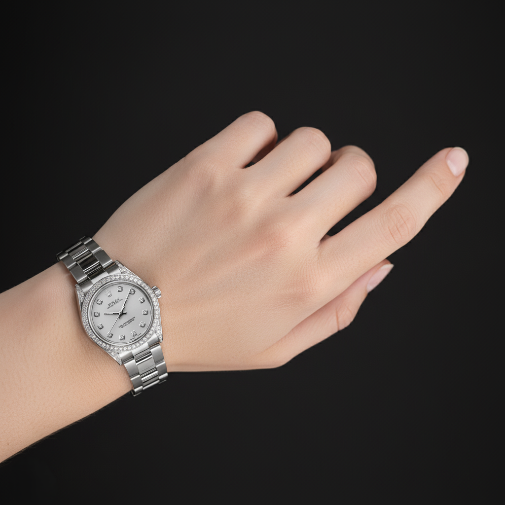 Midsize Rolexdatejust Watch Custom Natural Earth Mined Diamond Bezel Oyster Bracelet Ss P5