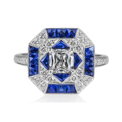 Miligrain Halo Sapphire Ring Trapezoid & Princess Natural Diamond 4.50 Carats