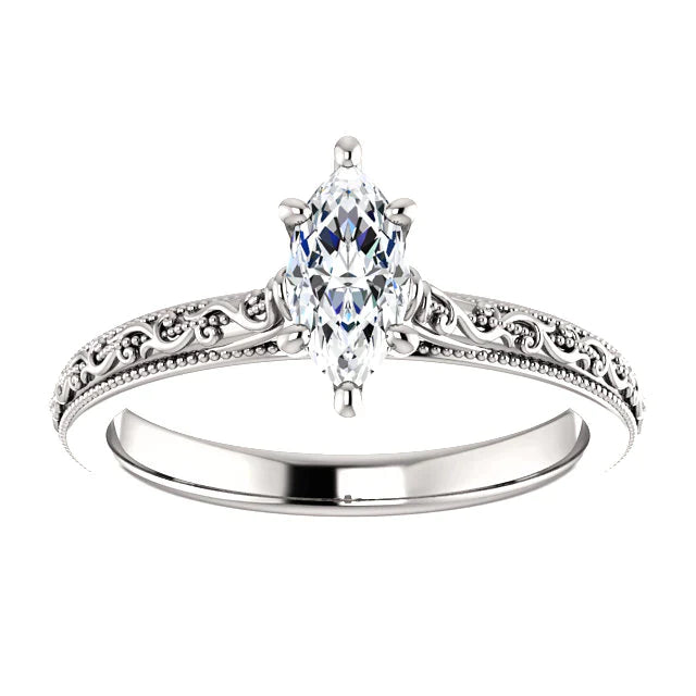 Miligrain Natural Diamond Solitaire Ring Marquise 1.50 Carats White Gold 14K