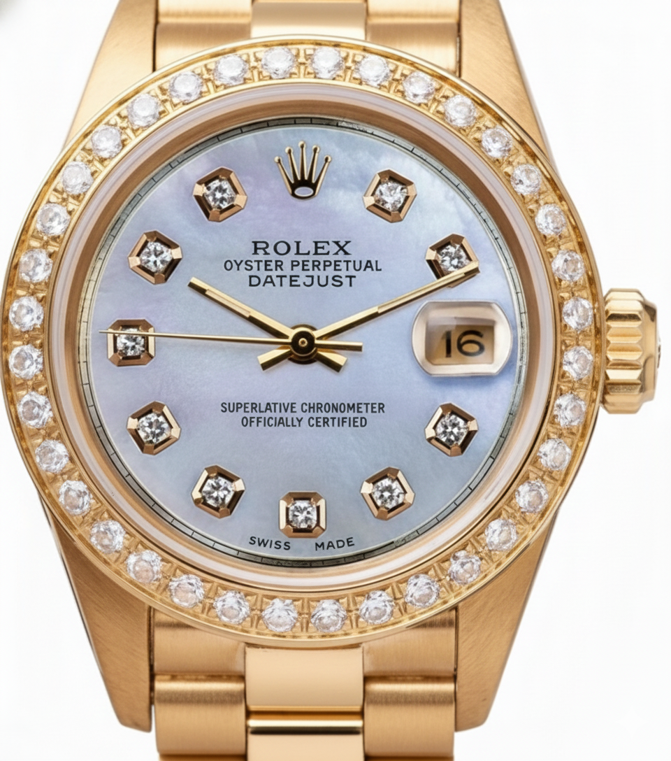 Mop Natural Earth Mined Diamond Dial Rolex Presidential Style Bezel Watch Yellow Gold Woman