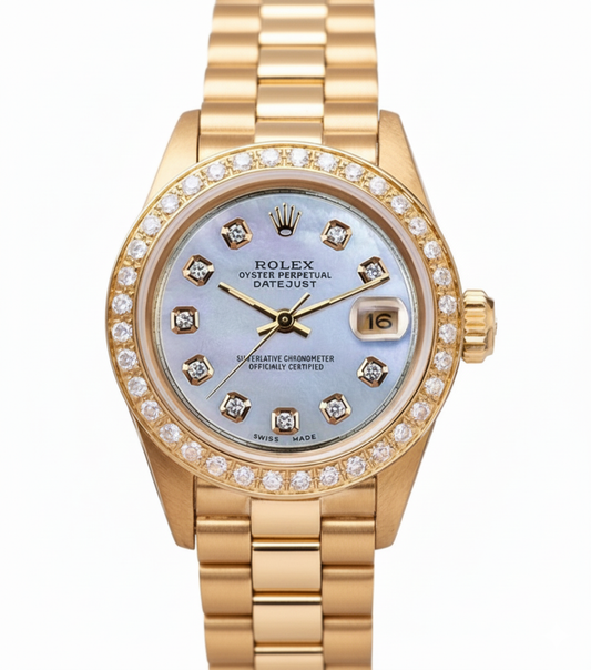 Mop Natural Earth Mined Diamond Dial Rolex Presidential Style Bezel Watch Yellow Gold Woman