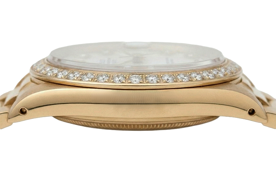 Mop Natural Earth Mined Diamond Dial Rolex Presidential Style Bezel Watch Yellow Gold Woman