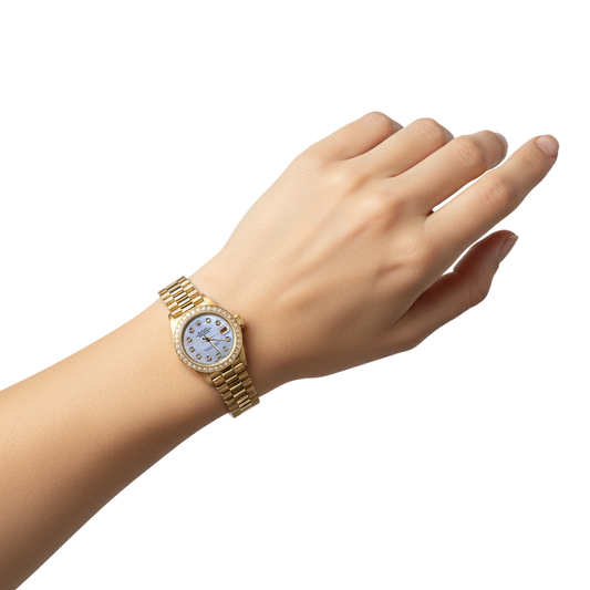 Mop Natural Earth Mined Diamond Dial Rolex Presidential Style Bezel Watch Yellow Gold Woman