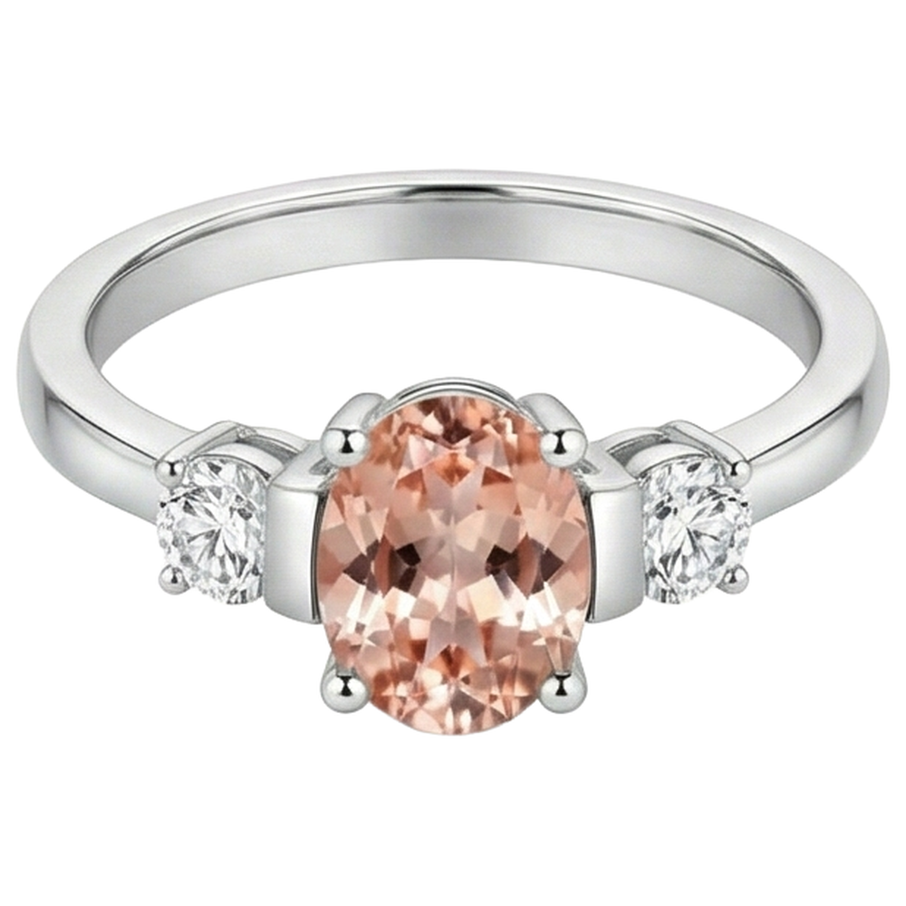 Morganite And Natural Earth Mined Diamonds 9 Carats 3 Stone Wedding Ring White Gold 14K