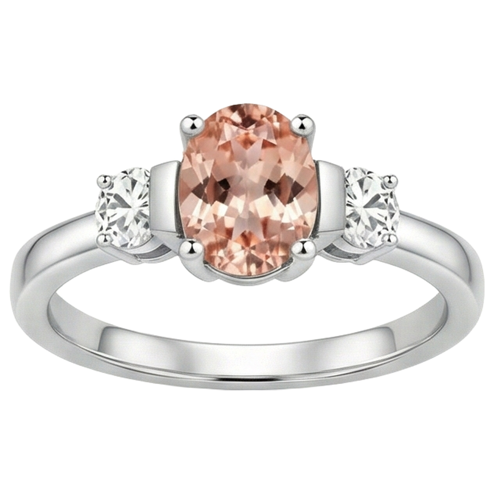 Morganite And Natural Earth Mined Diamonds 9 Carats 3 Stone Wedding Ring White Gold 14K