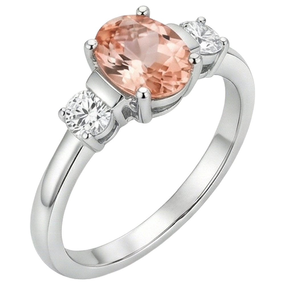 Morganite And Natural Earth Mined Diamonds 9 Carats 3 Stone Wedding Ring White Gold 14K