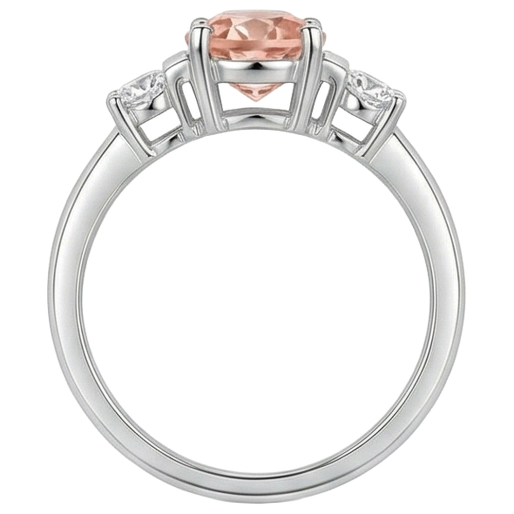 Morganite And Natural Earth Mined Diamonds 9 Carats 3 Stone Wedding Ring White Gold 14K