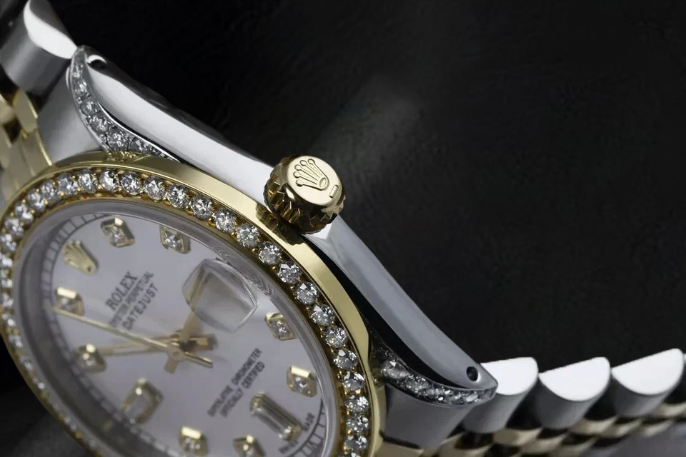 Mother Of Pearl Dial Rolex Dj Watch Custom Diamond Bezel Ss & Gold