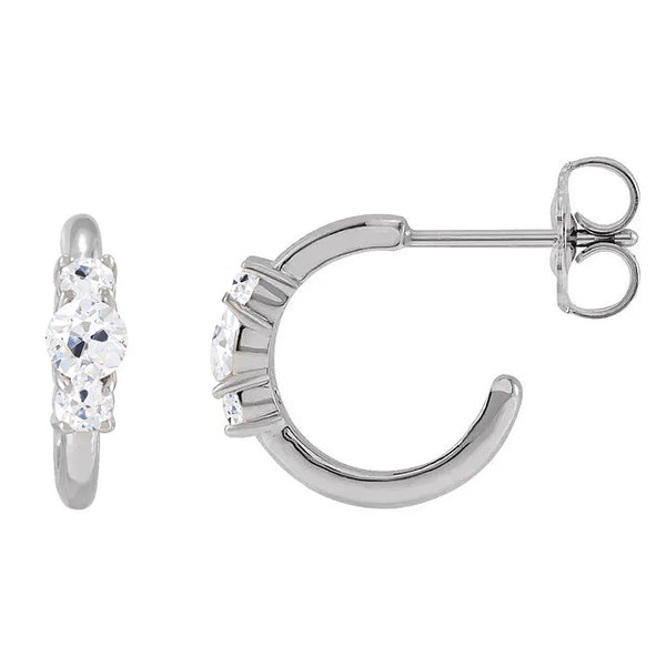 Natural 3 Stone Diamond Open Hoop Earrings 6 Carats Old Cut Gold Jewelry