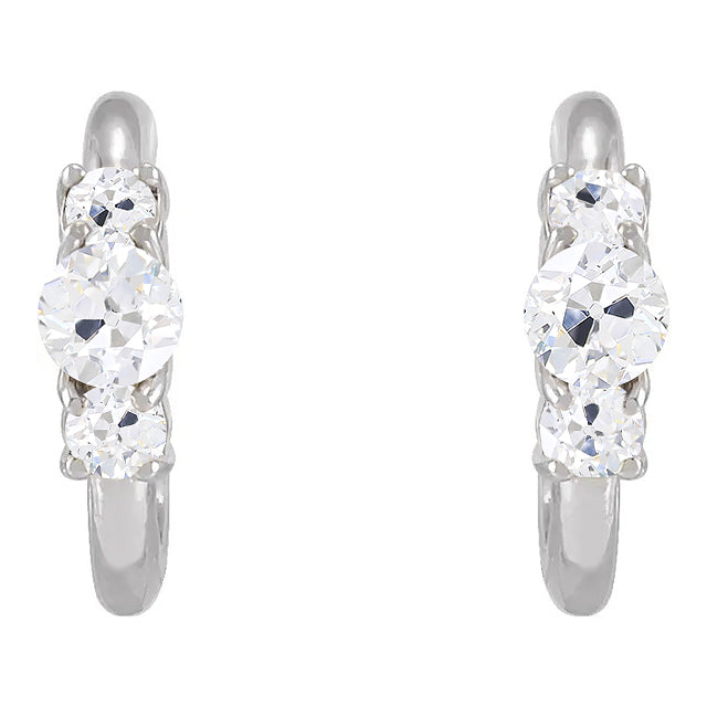 Natural 3 Stone Diamond Open Hoop Earrings 6 Carats Old Cut Gold Jewelry