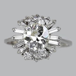 Natural 4 Carats Baguette Wedding Round Old Mine Cut Diamond Ring
