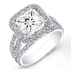 Natural 5.75 Carats Princess And Round Diamond Wedding Ring Halo White Gold