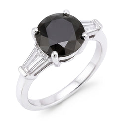 Natural Black Diamond Ring 3.6 Carat Genuine Round Baguette Three Stone 14K White Gold