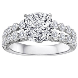 Natural Cushion And Round Diamond Ring Split Shank White Gold 14K