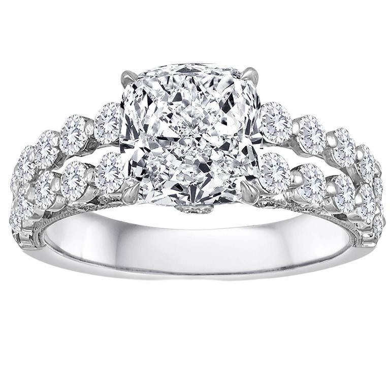 Natural Cushion And Round Diamond Ring Split Shank White Gold 14K