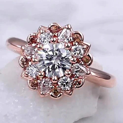 Natural Diamond Engagement Ring 2 Carats Halo Lotus Flower Rose Gold