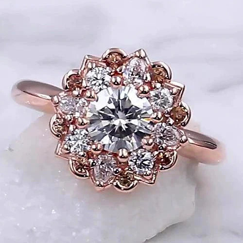 Natural Diamond Engagement Ring 2 Carats Halo Lotus Flower Rose Gold