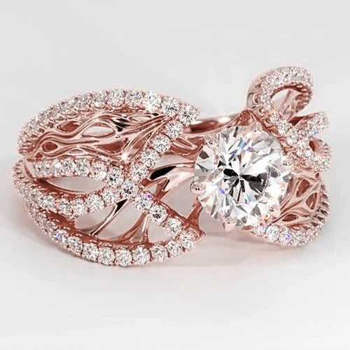 Natural Diamond Jewelry Ring 3 Carats Rose Gold 14K Filigree