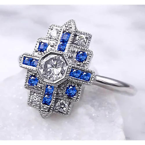 Natural Diamond Ring 2.50 Carats Antique Style Ceylon Blue Sapphire