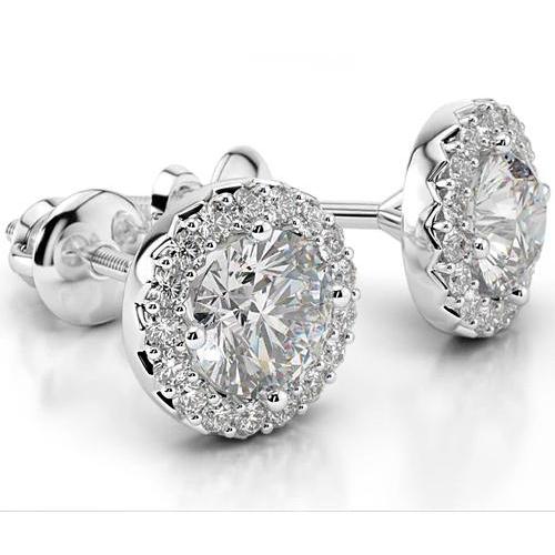 Natural Earth Mined Diamond Stud Halo Earrings 4 Carats White Gold 14K Women Jewellery