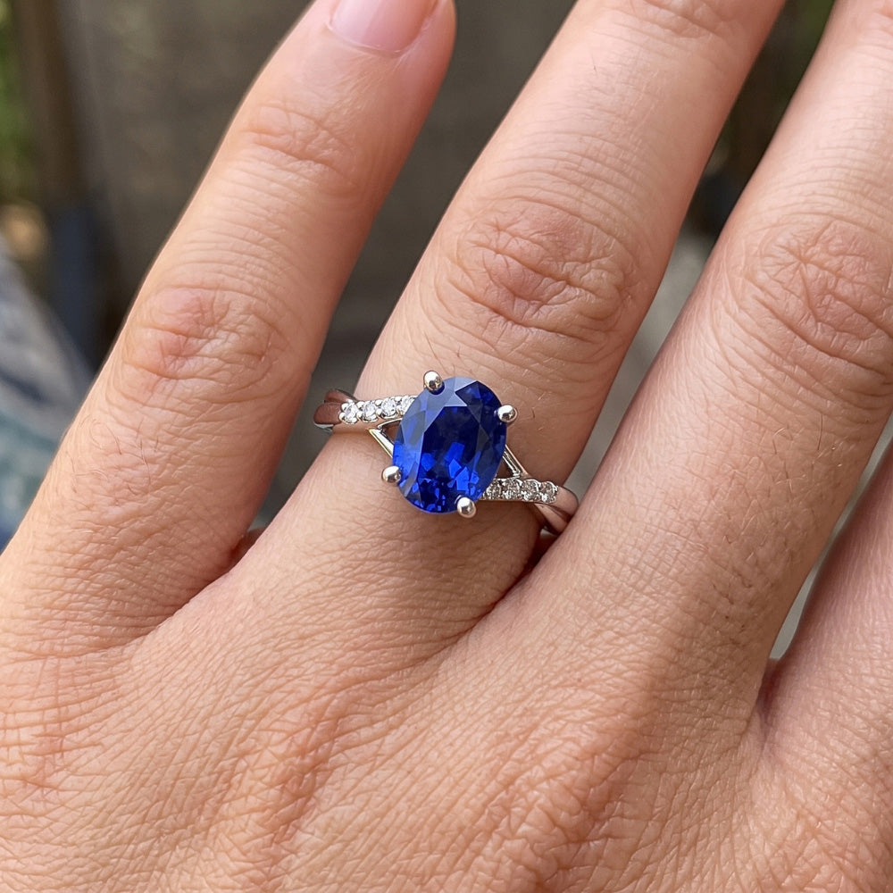 Natural Earth Mined DIAMOND ( NOT LAB GROWN ) Engagement Ring Split Shank Oval Cut Blue Sapphire 3 Carats