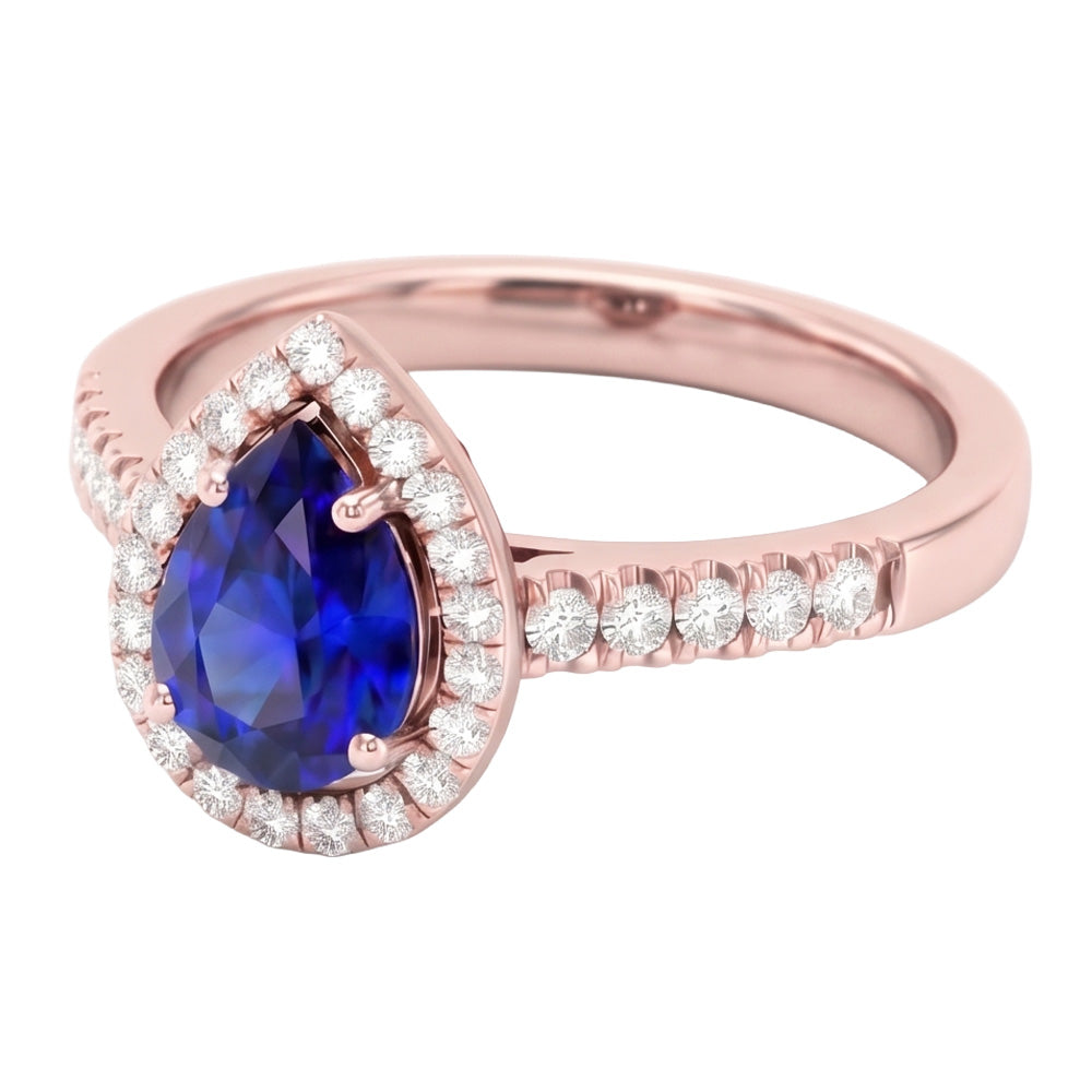 Natural Earth Mined DIAMOND ( NOT LAB GROWN ) Halo Anniversary Ring Pear Cut Sri Lankan Sapphire 3 Carats