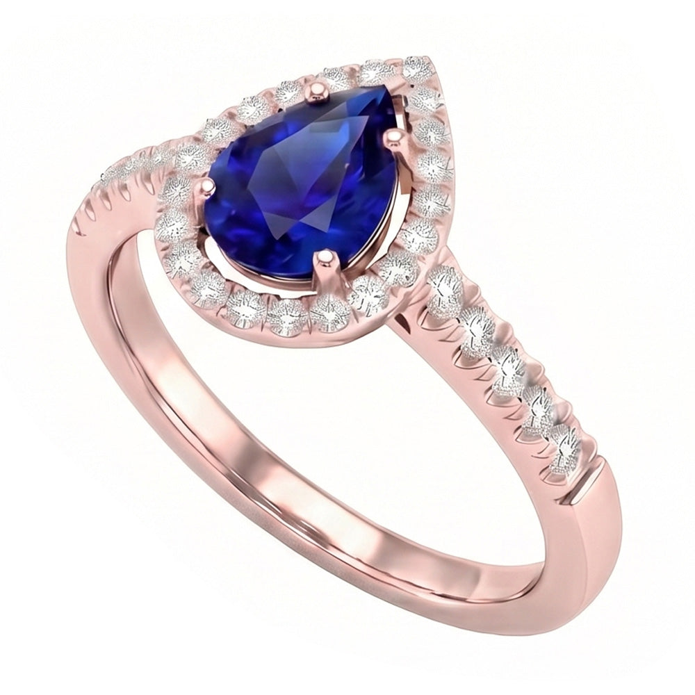Natural Earth Mined DIAMOND ( NOT LAB GROWN ) Halo Anniversary Ring Pear Cut Sri Lankan Sapphire 3 Carats