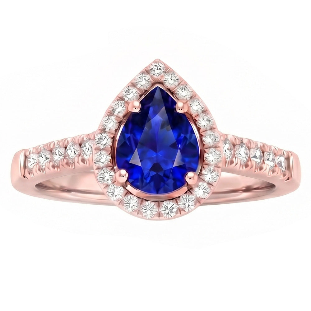 Natural Earth Mined DIAMOND ( NOT LAB GROWN ) Halo Anniversary Ring Pear Cut Sri Lankan Sapphire 3 Carats