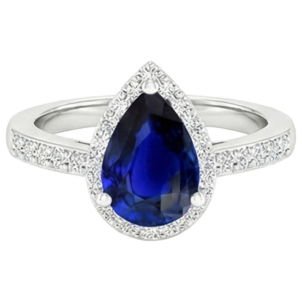 Natural Earth Mined DIAMOND ( NOT LAB GROWN ) Halo Ring Pear Cut Sri Lankan Sapphire 3.75 Carats