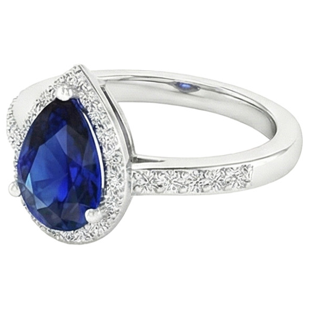 Natural Earth Mined DIAMOND ( NOT LAB GROWN ) Halo Ring Pear Cut Sri Lankan Sapphire 3.75 Carats