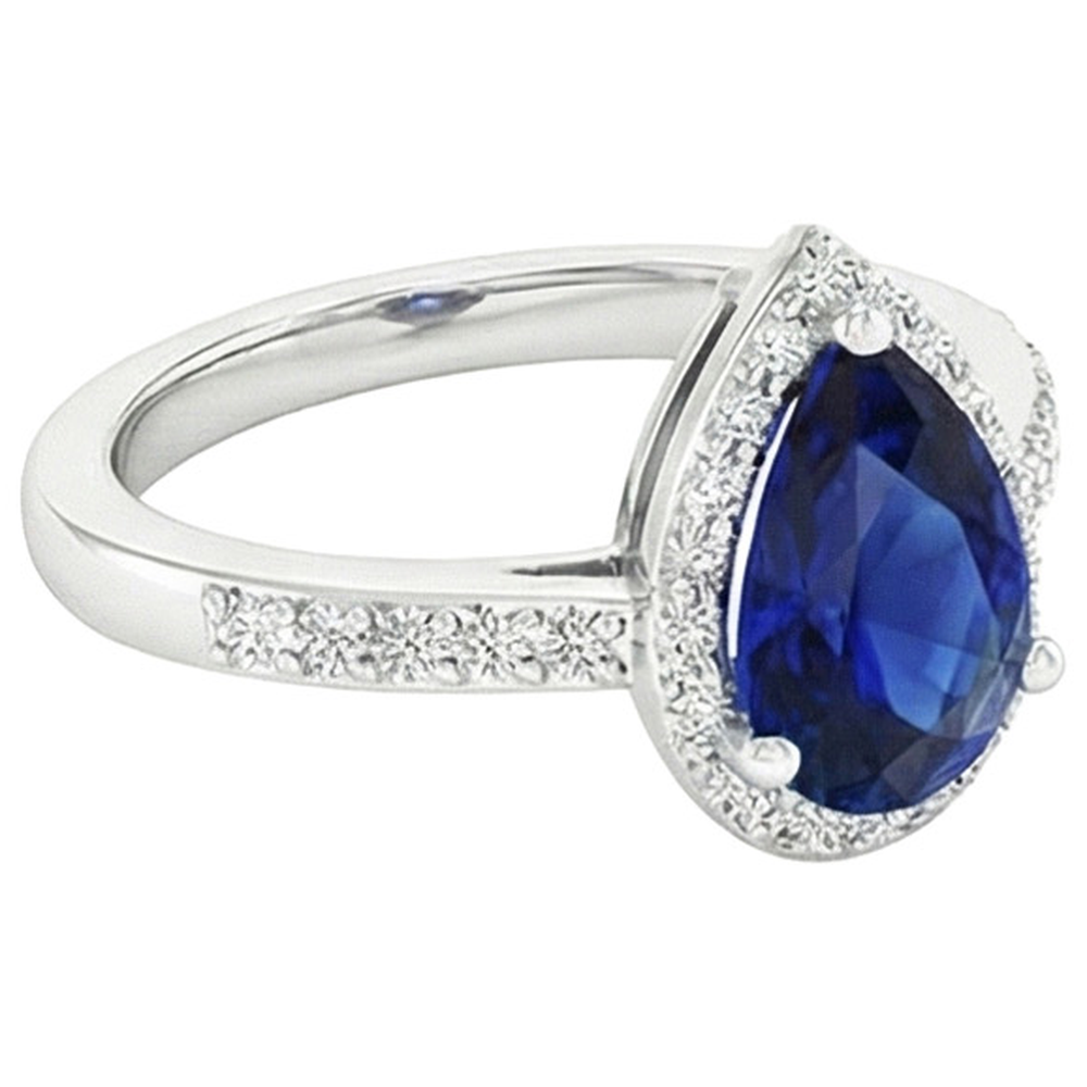 Natural Earth Mined DIAMOND ( NOT LAB GROWN ) Halo Ring Pear Cut Sri Lankan Sapphire 3.75 Carats