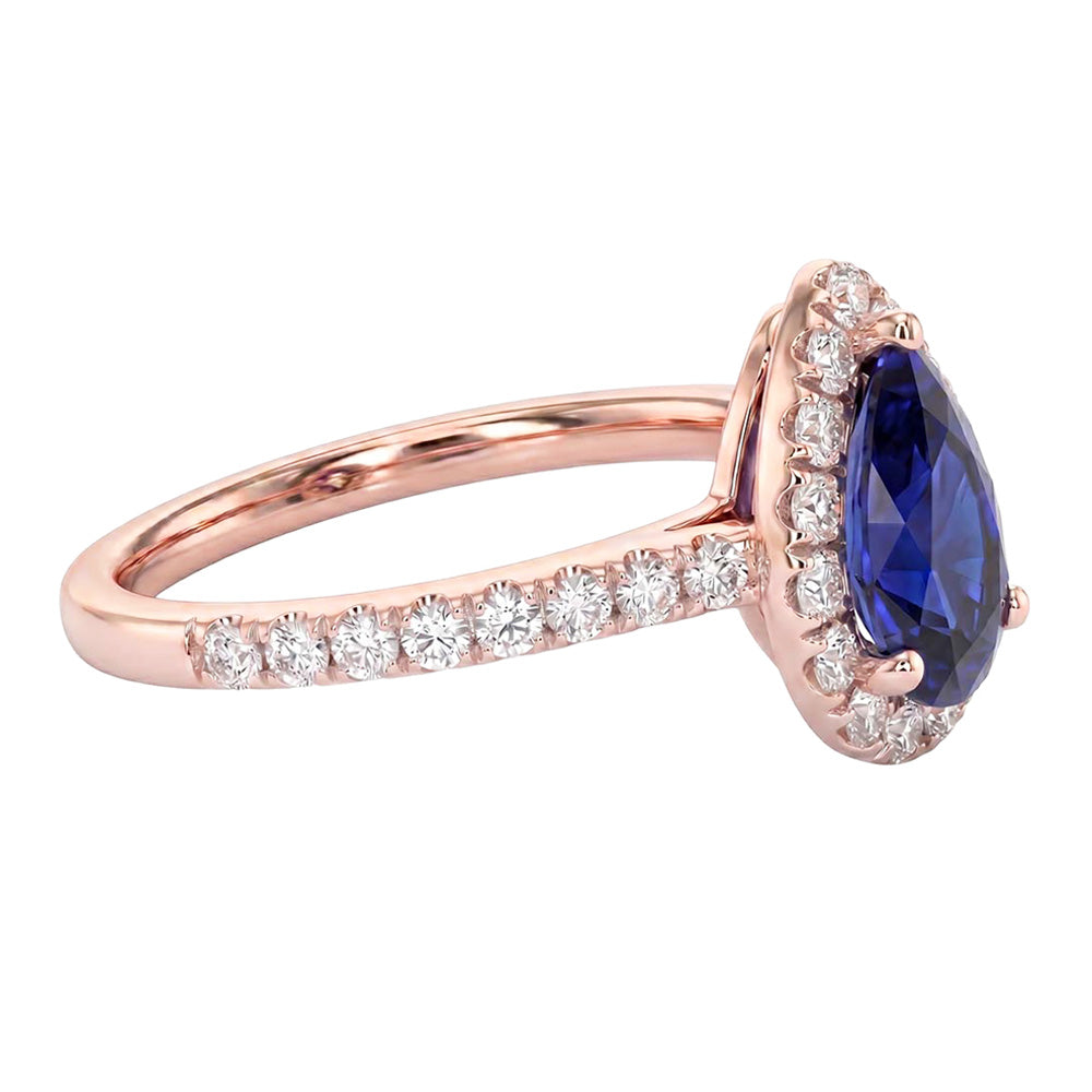 Natural Earth Mined DIAMOND ( NOT LAB GROWN ) Halo Rose Gold Ring Deep Blue Ceylon Sapphire 2.50 Carats