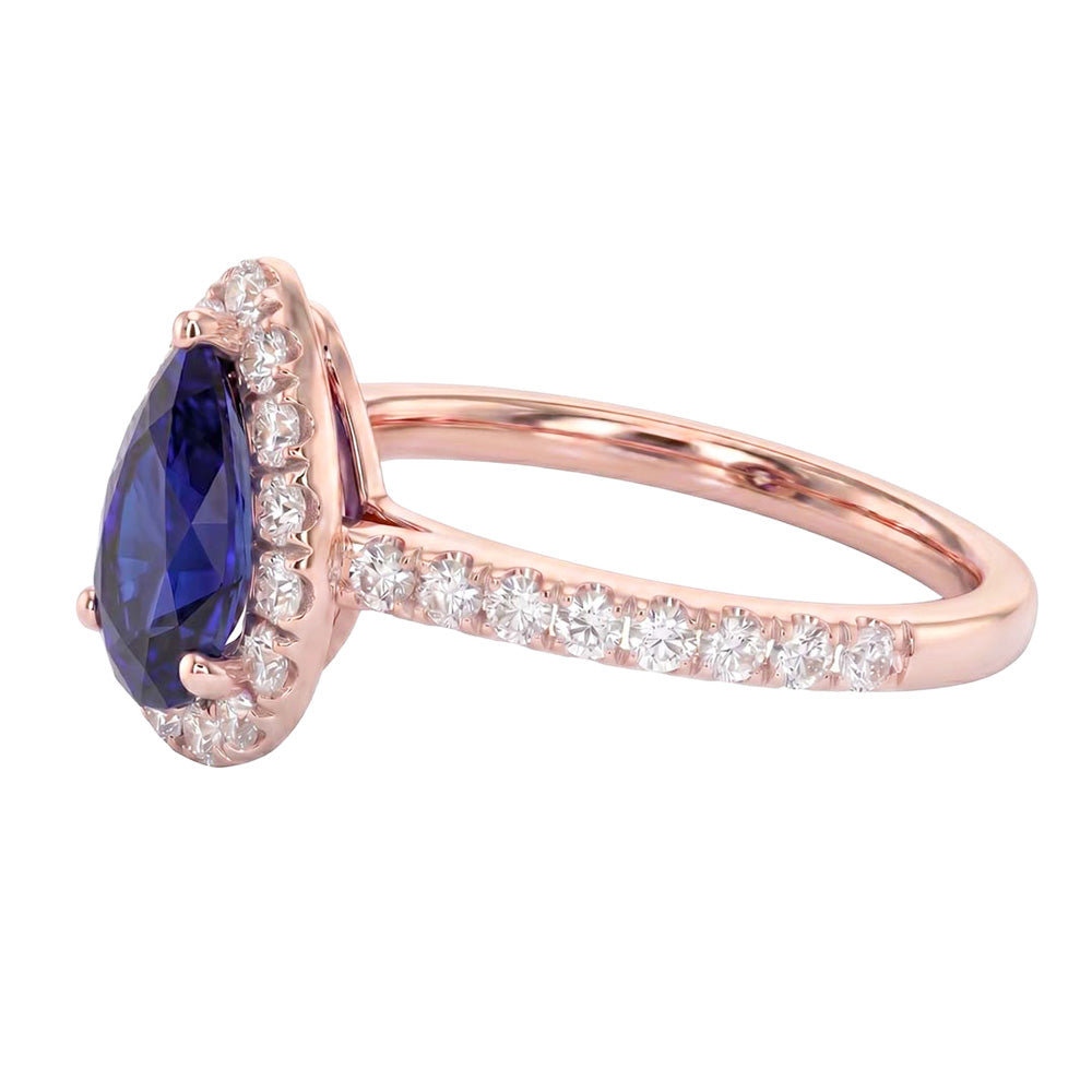Natural Earth Mined DIAMOND ( NOT LAB GROWN ) Halo Rose Gold Ring Deep Blue Ceylon Sapphire 2.50 Carats