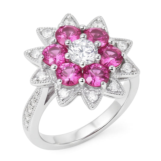 Natural Earth Mined DIAMOND ( NOT LAB GROWN )s & Pink Sapphires 1.15 Ct. Flower Style Ring White Gold 14K