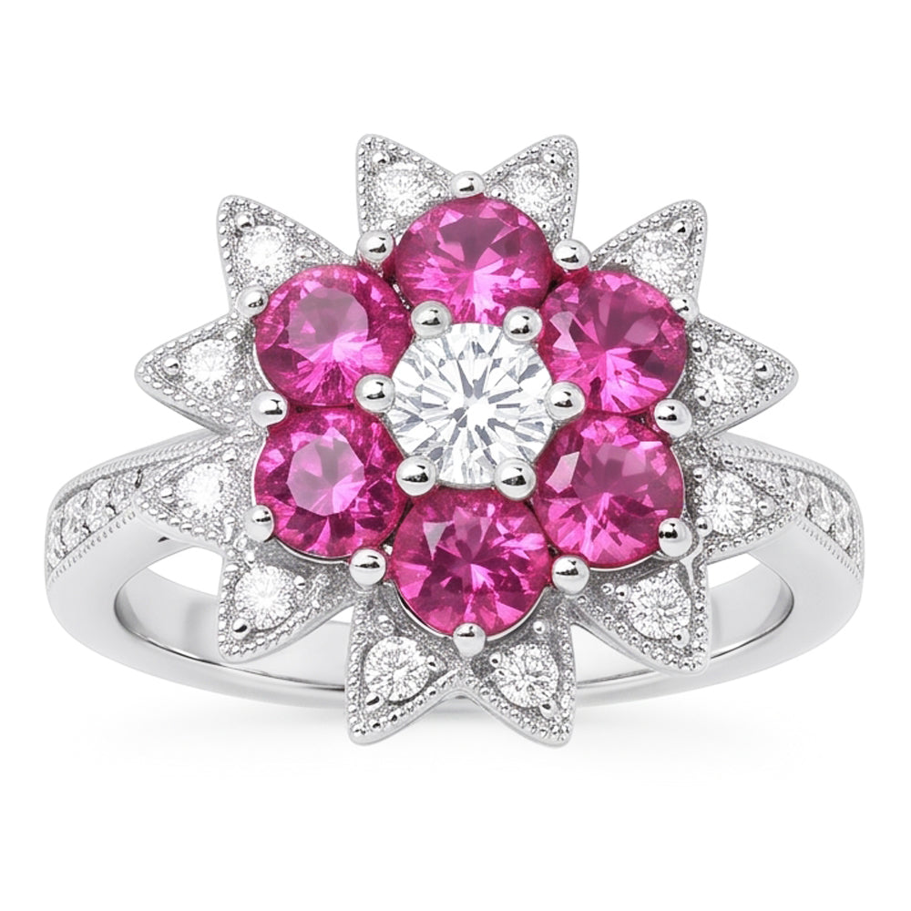 Natural Earth Mined DIAMOND ( NOT LAB GROWN )s & Pink Sapphires 1.15 Ct. Flower Style Ring White Gold 14K