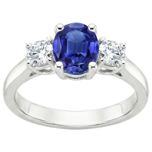Natural Earth Mined Diamond 3 Stone Engagement Ring Oval Blue Sapphire 2.50 Carats