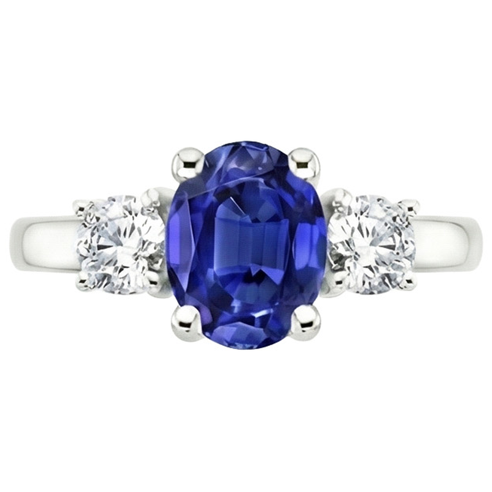 Natural Earth Mined Diamond 3 Stone Engagement Ring Oval Blue Sapphire 2.50 Carats