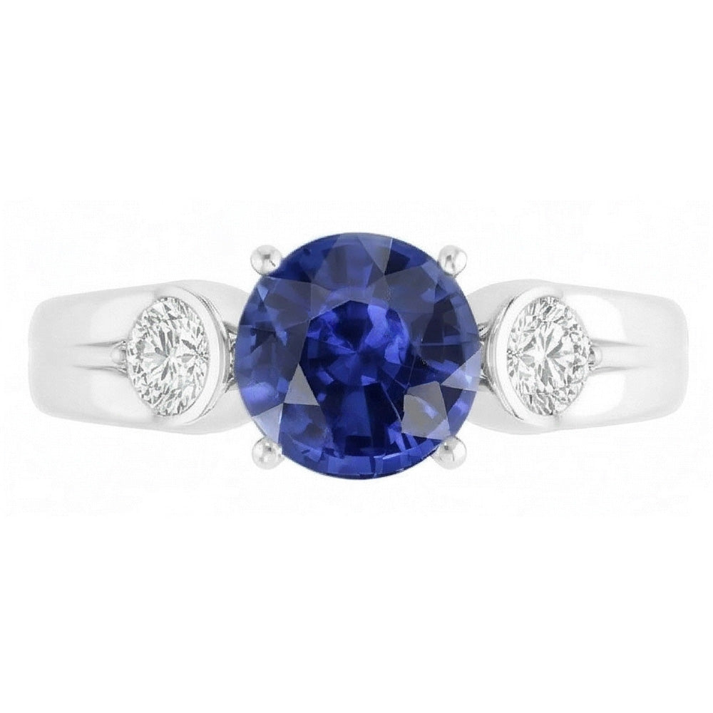 Natural Earth Mined Diamond 3 Stone Ring Sri Lankan Sapphire Round Cut 2.50 Carats