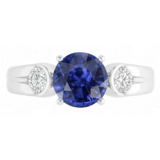 Natural Earth Mined Diamond 3 Stone Ring Sri Lankan Sapphire Round Cut 2.50 Carats