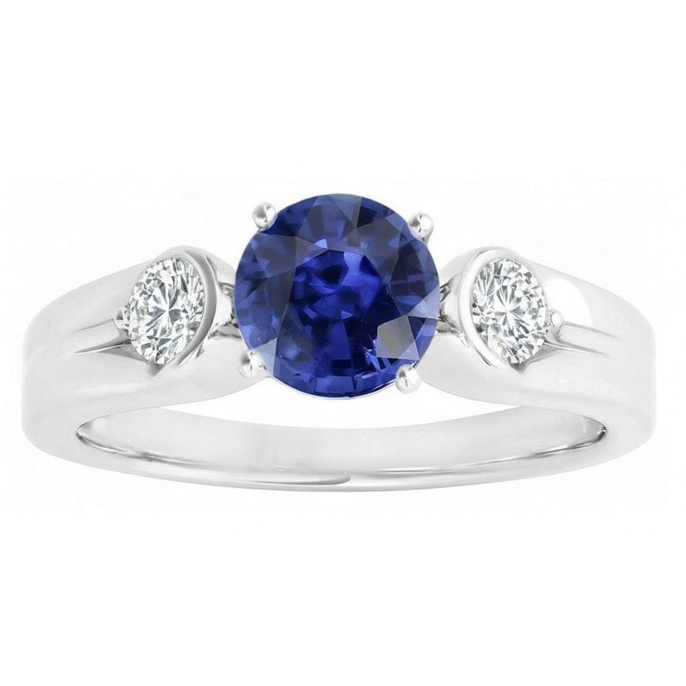 Natural Earth Mined Diamond 3 Stone Ring Sri Lankan Sapphire Round Cut 2.50 Carats