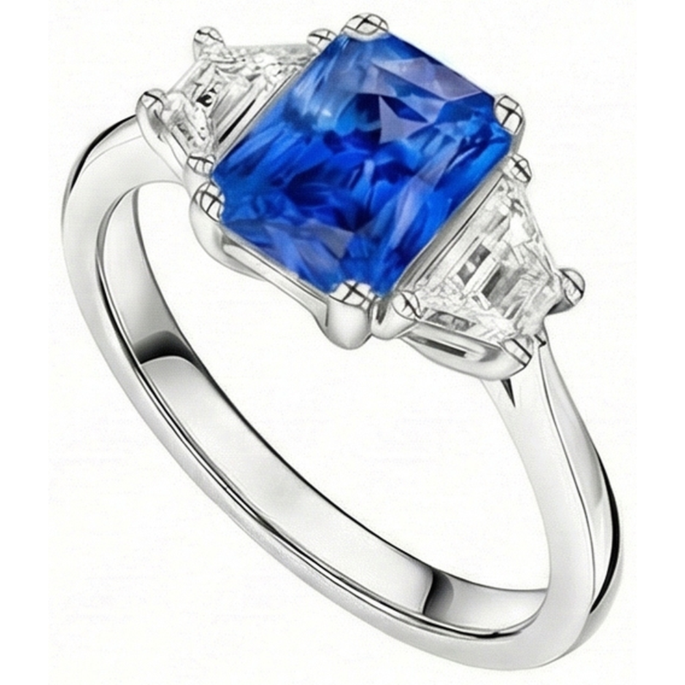 Natural Earth Mined Diamond 3 Stone Sapphire Ring Trapezoid Stones Tapered Shank 3 Carats